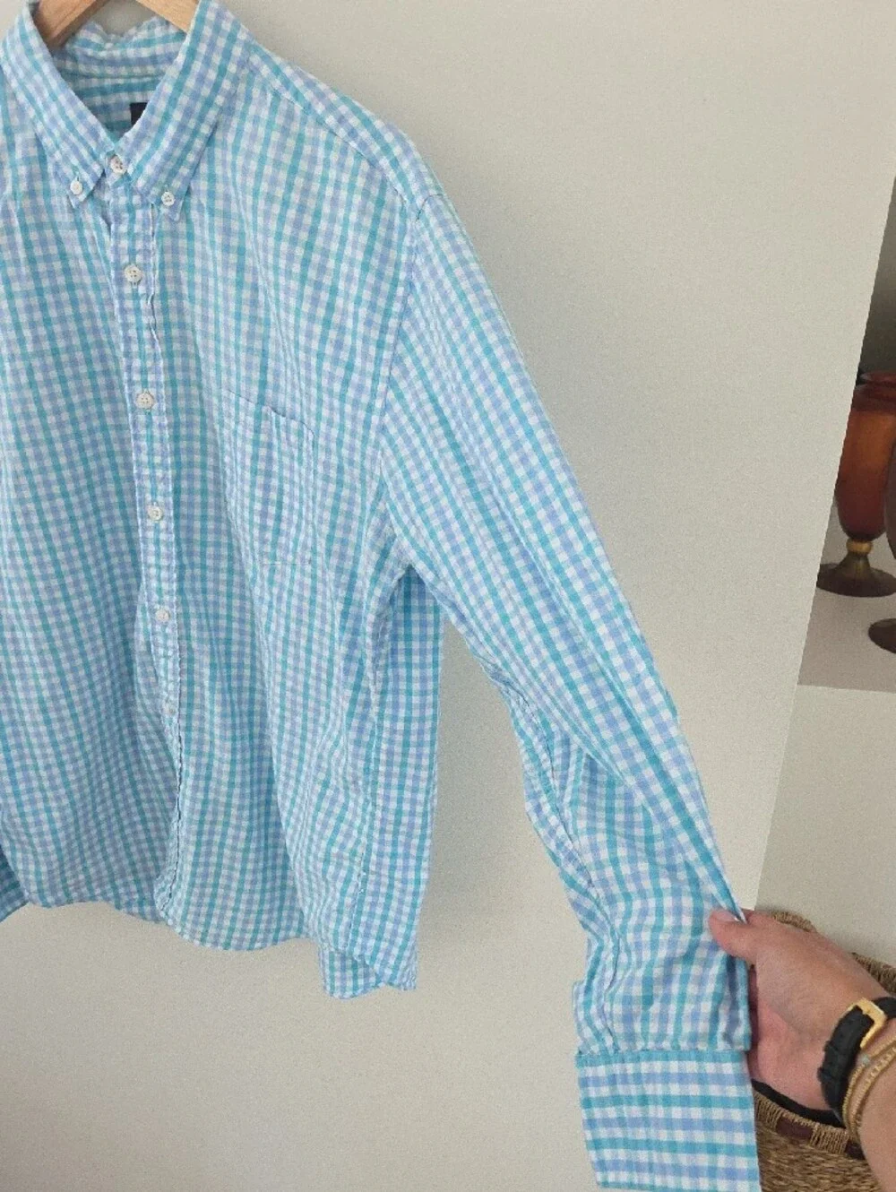 J. Crew Men's Light Blue, Turquoise & White Gingham Casual Button-Down Shirt